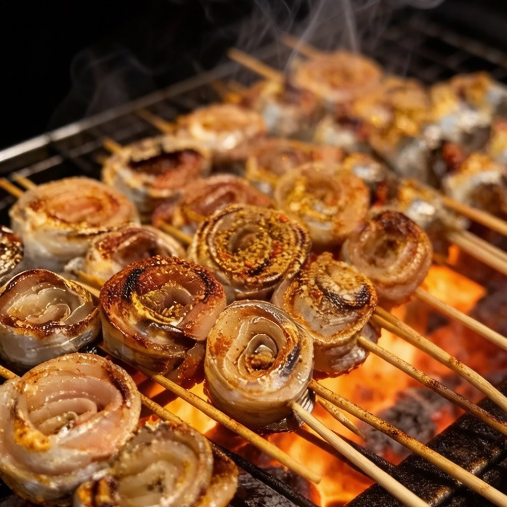 Rolled hairtail pieces grilled on charcoal skewers