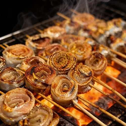 Rolled hairtail pieces grilled on charcoal skewers