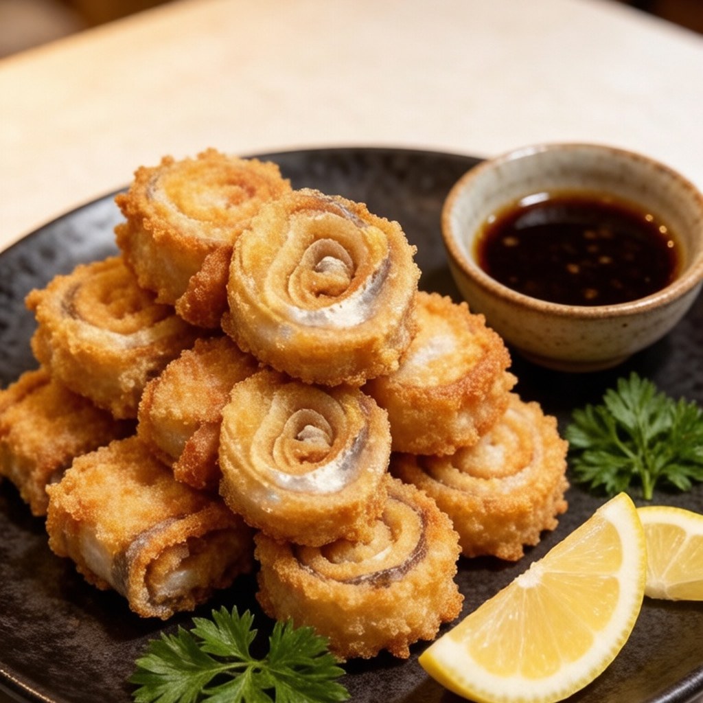 Golden deep-fried fish rolls served with a dipping sauce and lemon