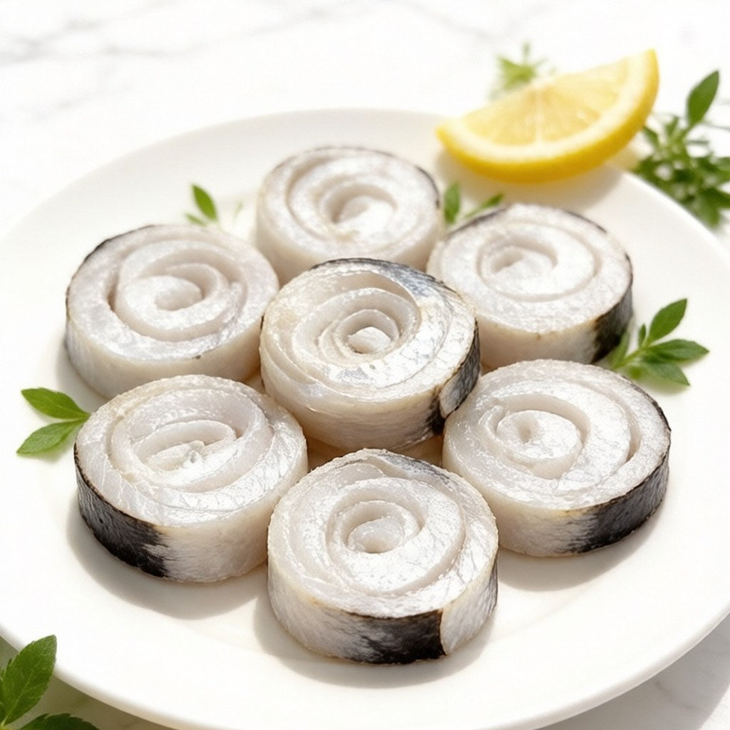 Raw deboned fish rolls arranged in spirals on a white plate with lemon