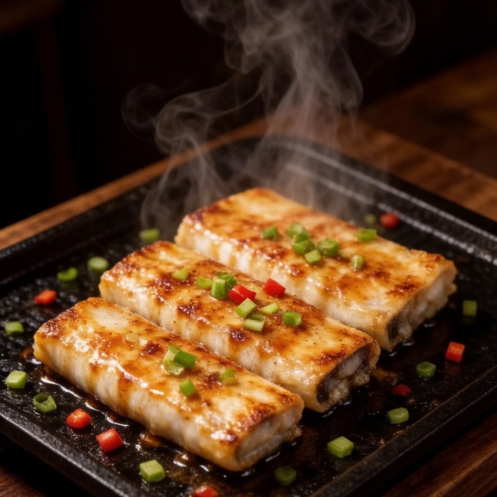 Teppanyaki-seared fish rolls on a hot griddle with herbs