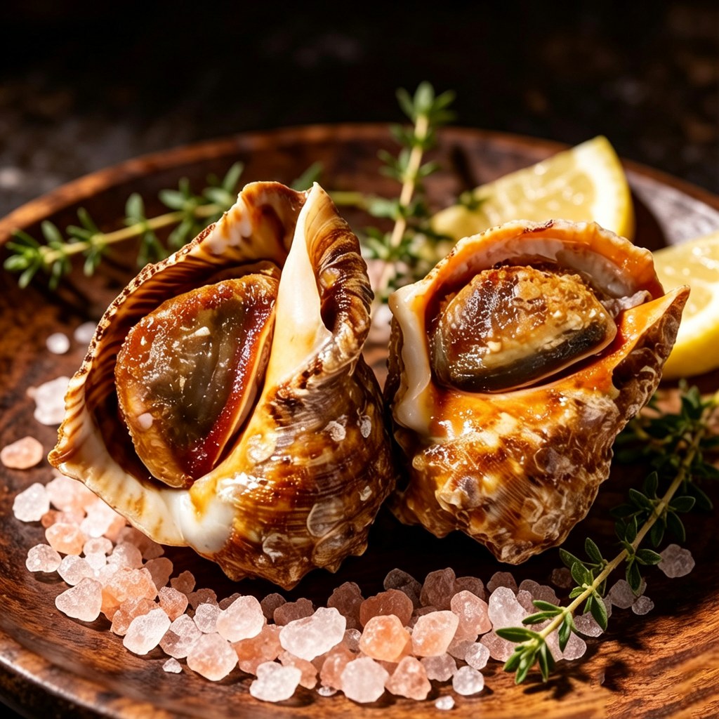 Whole frozen conch in its textured spiral shell on a plate with pink salt and lemon