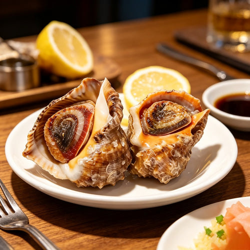 Two whole conch shells plated with lemon slices on a white dish