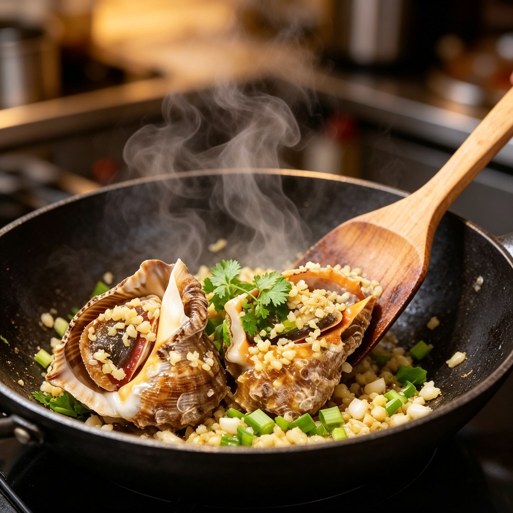 Thinly sliced conch stir-fried with scallion in a pan