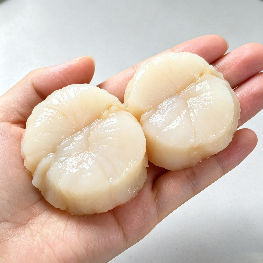 Hand holding three raw jumbo scallop medallions