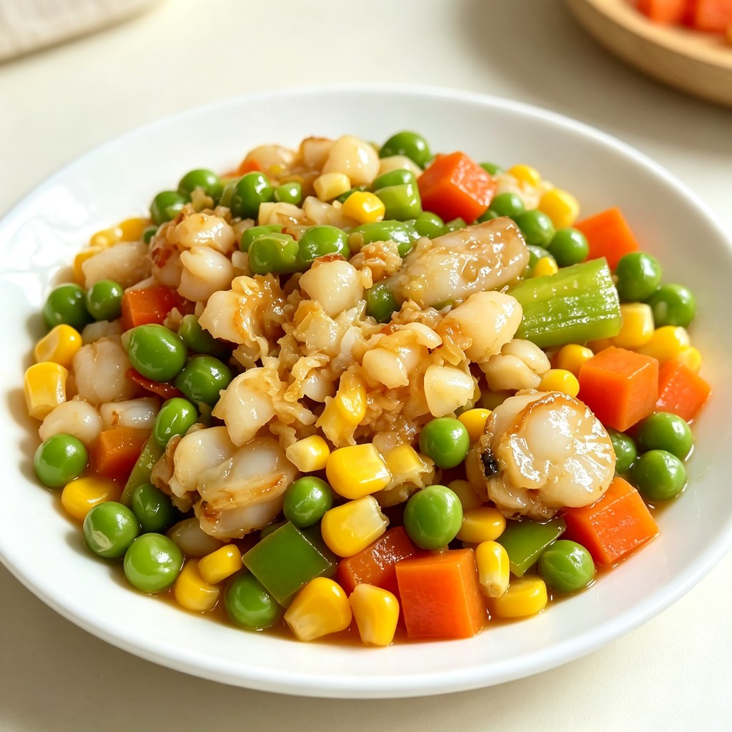 Stir-fried scallops with mixed vegetables in a white bowl
