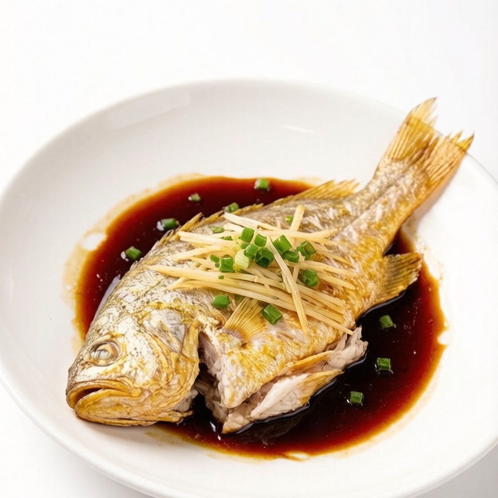 Pan-fried whole croaker in a white dish with ginger, scallion and soy sauce