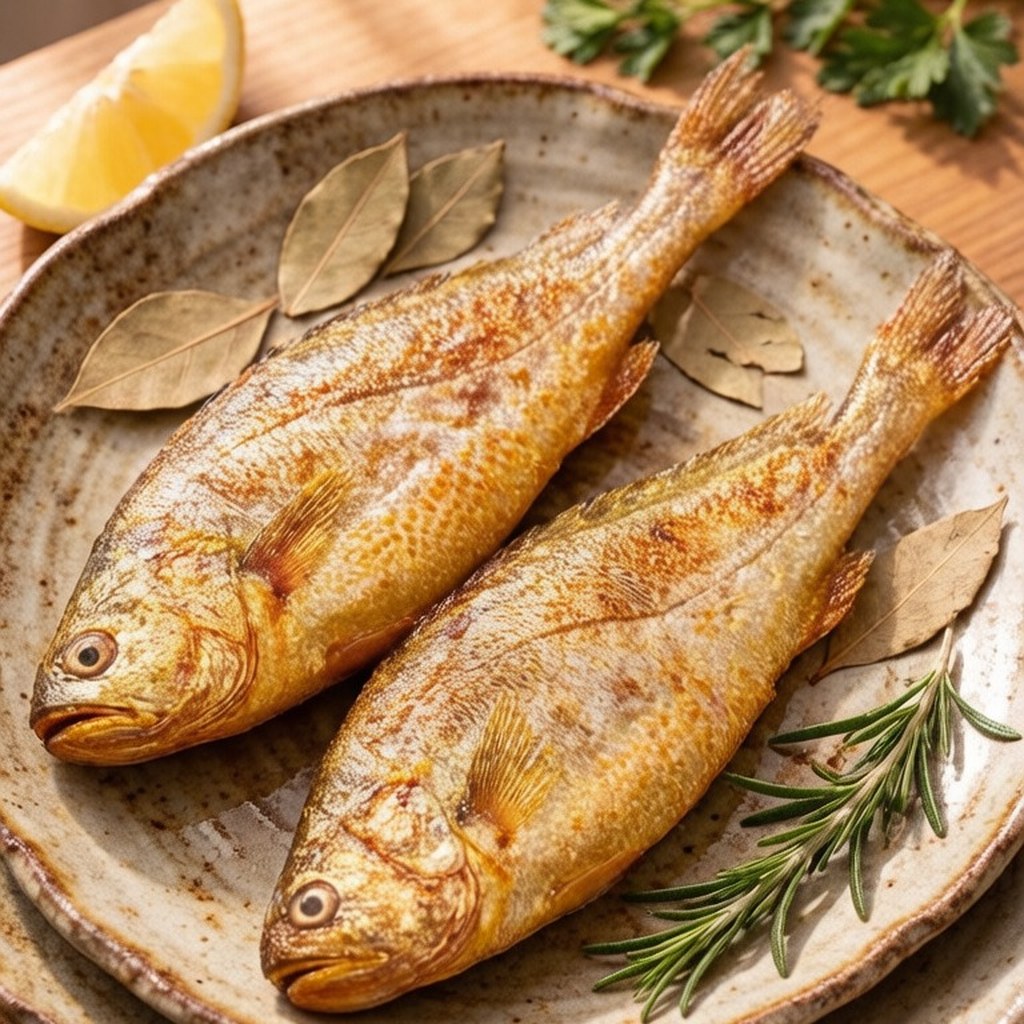 Two golden pan-seared croakers on a wooden board with rosemary, bay leaves and sea salt