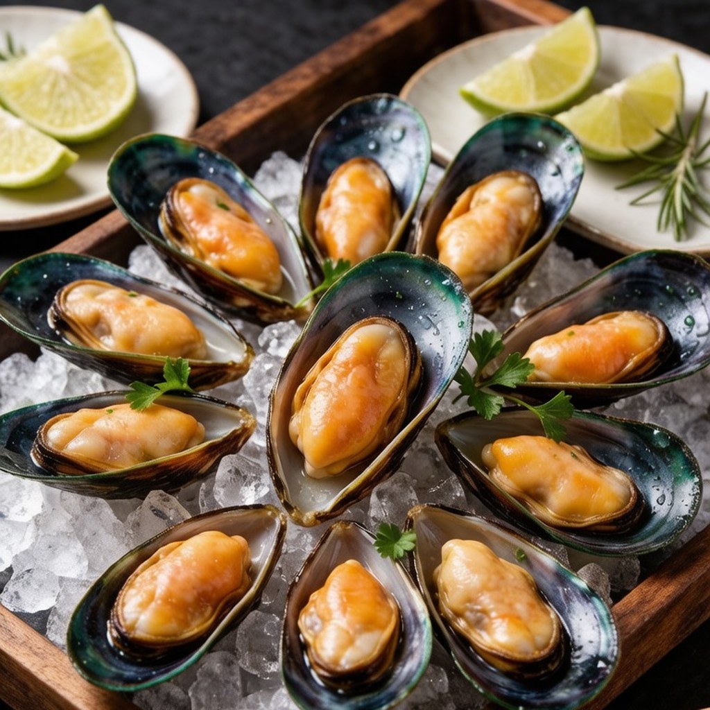 Fresh green mussels on a bed of crushed ice with lime and herbs