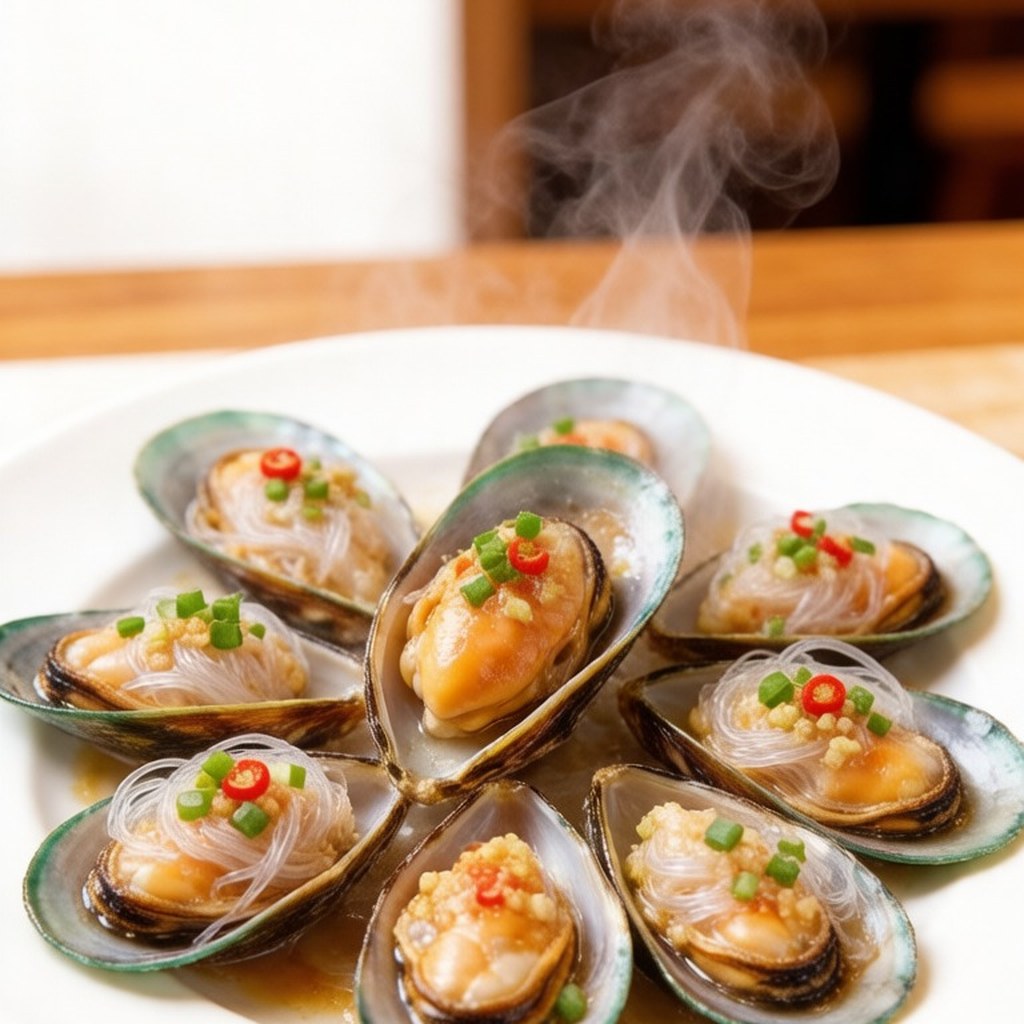 Steamed green mussels in a white dish with garlic, chilli and coriander