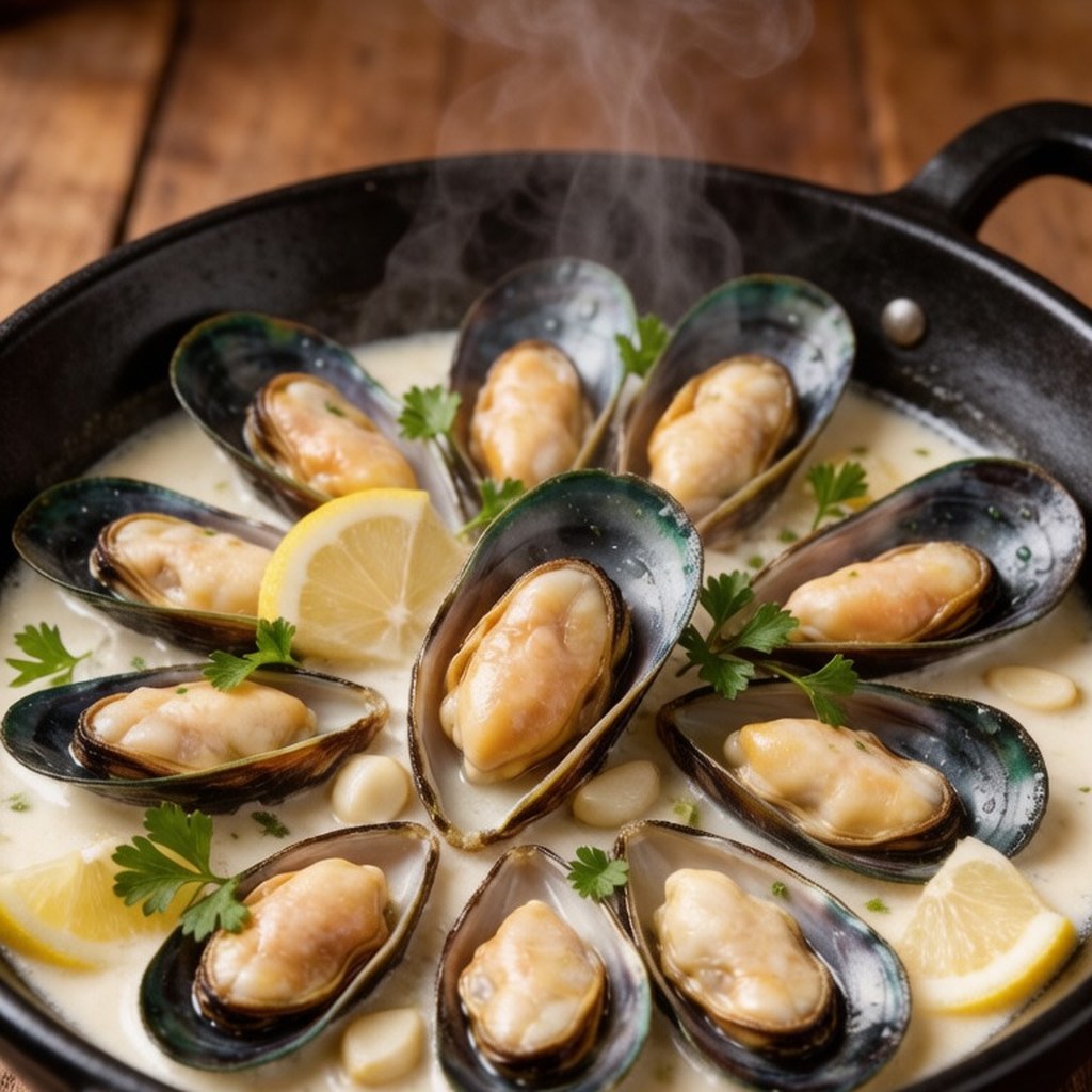 Green mussels simmered in a white wine butter broth with lemon in a black skillet