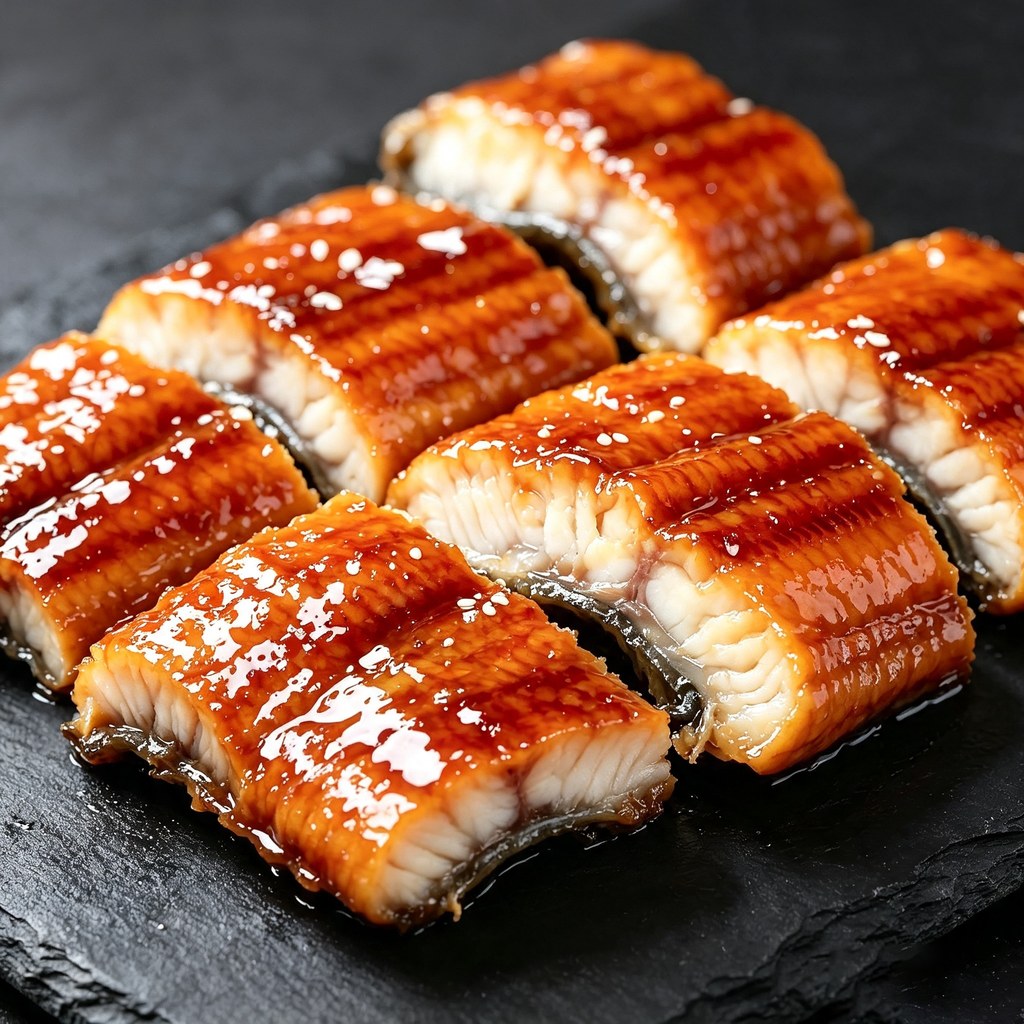 Glazed kabayaki eel fillets cut into pieces on dark slate with sesame seeds