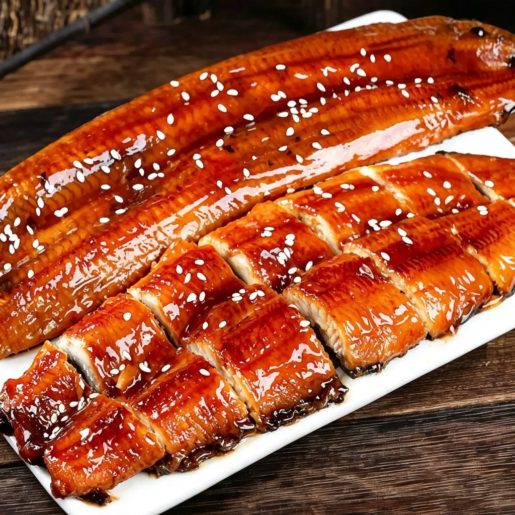 Whole glazed eel fillet with a glossy caramelised finish on a white plate