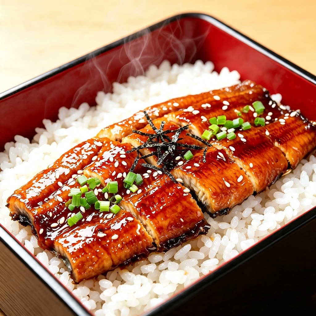 Kabayaki eel served over steamed rice in a red lacquer bowl with scallion and sesame