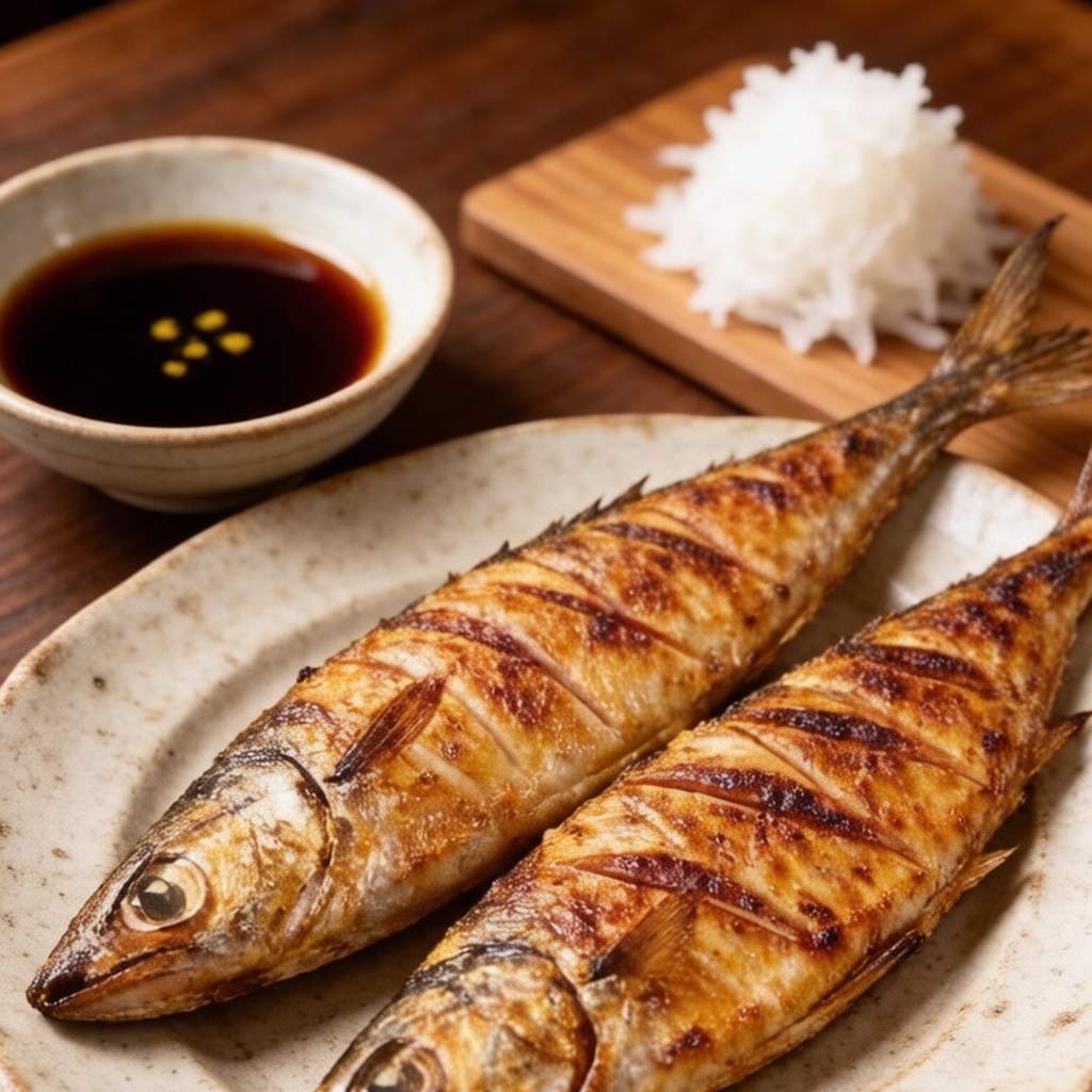 Two charcoal-grilled mackerel with crisp scored skin on a plate with a dipping sauce