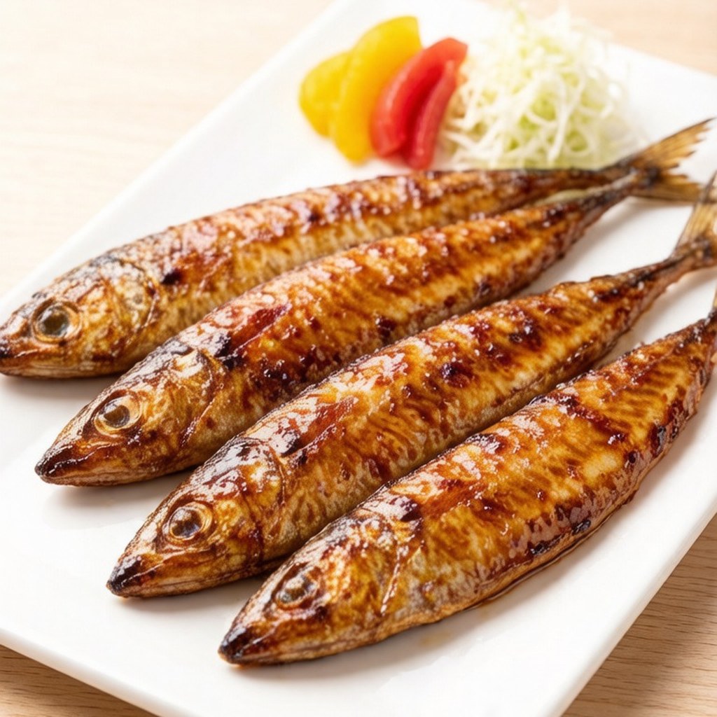Three miso-glazed grilled mackerel fillets on a white plate