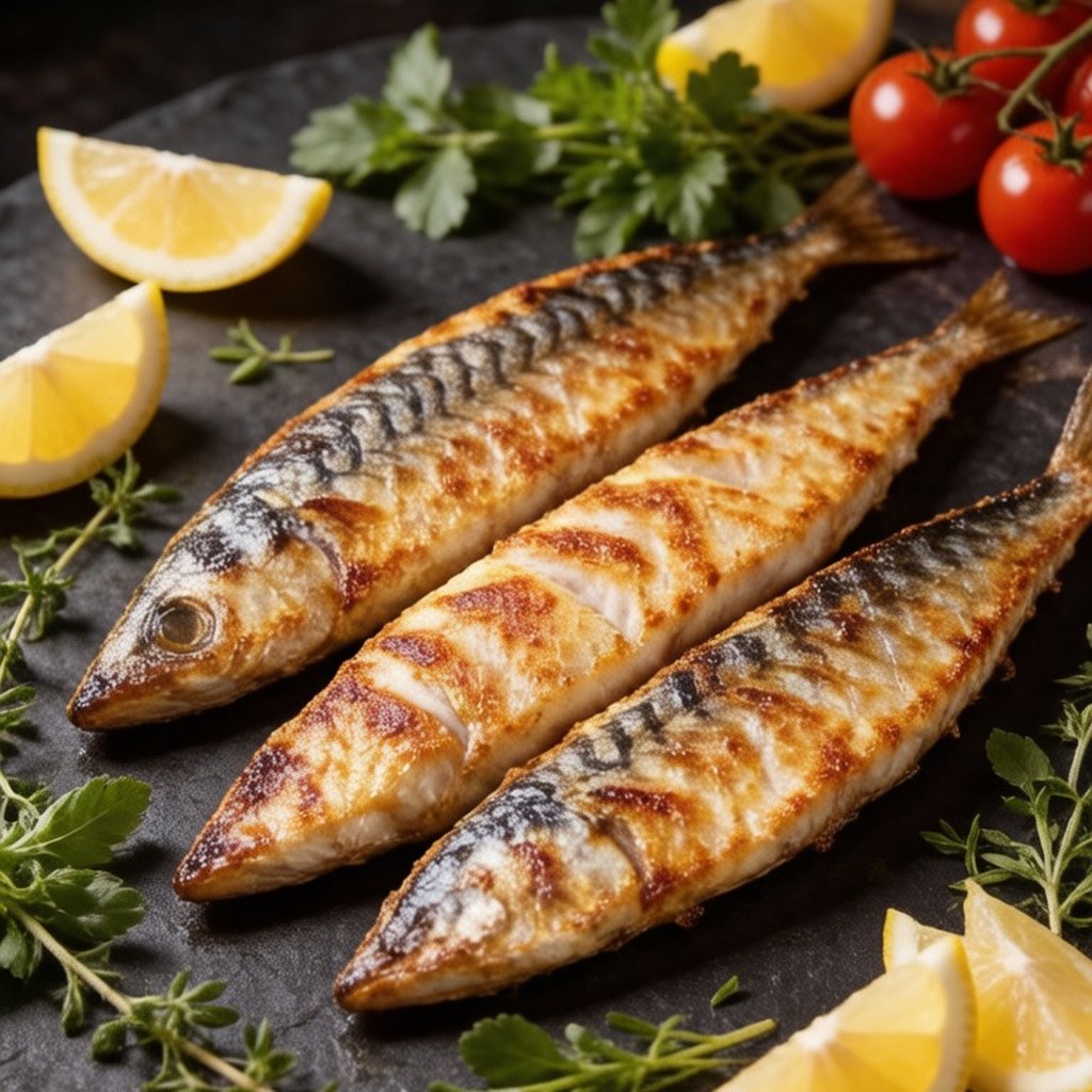 Three pan-seared mackerel with lemon and herbs on a dark board