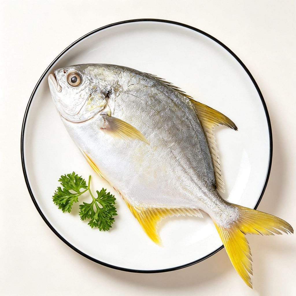 Whole silver sea bream with bright yellow fins and tail on a white plate