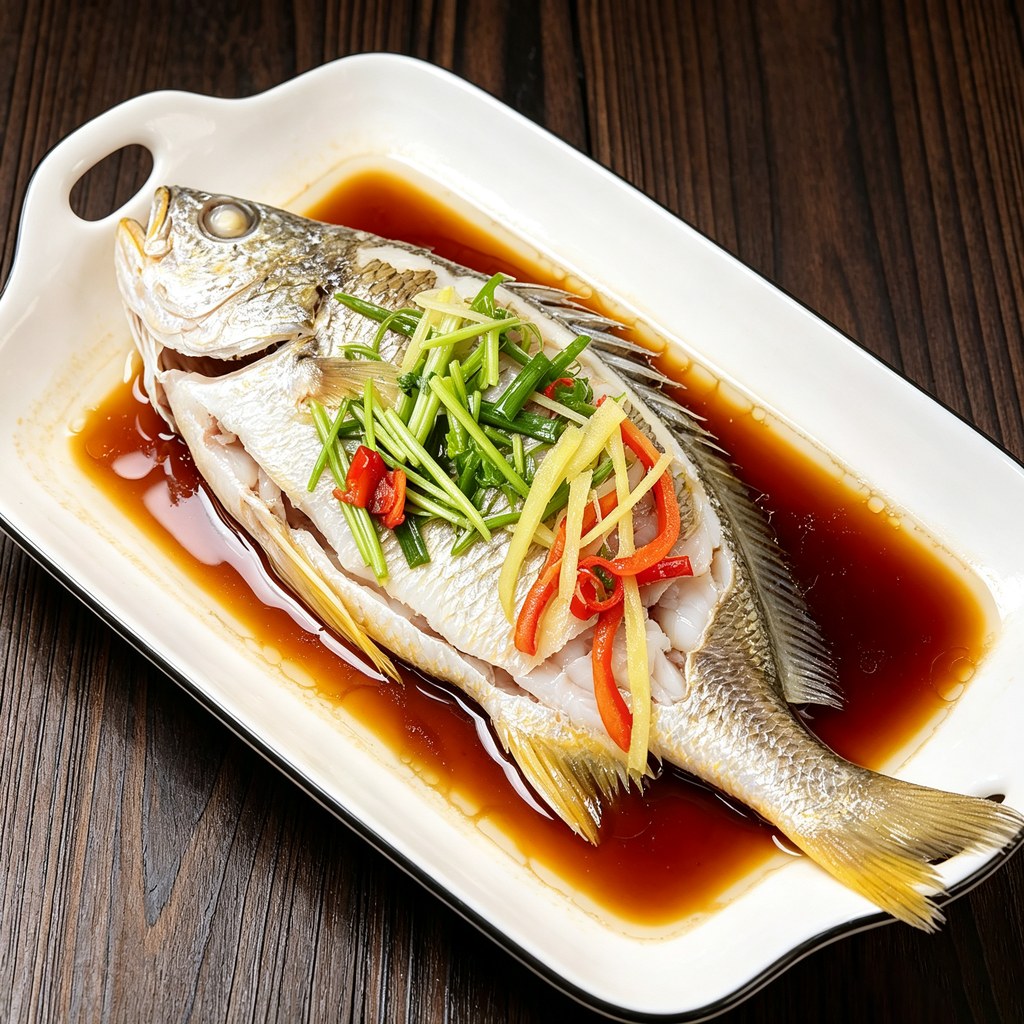 Steamed whole sea bream on a white platter with ginger, scallion and red chilli